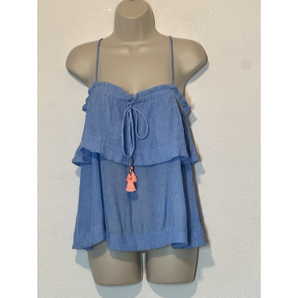 Lilly Pulitzer Mays Top Size L Blue Gauze Tiered Tassel Tank Resort Wear Beach